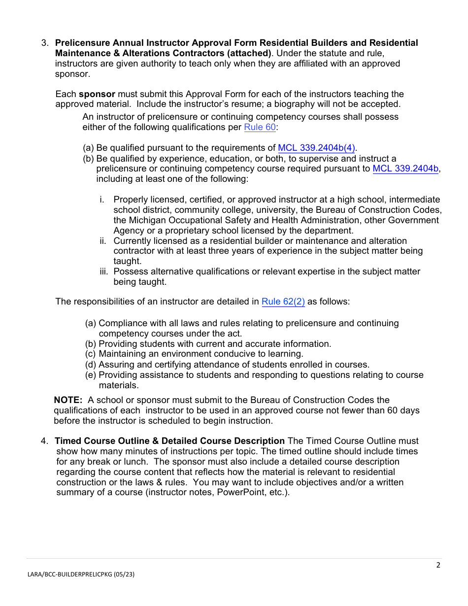 Prelicensure Course Approval Application and Notice - Residential Builders and Residential Maintenance  Alterations Contractors - Michigan, Page 2