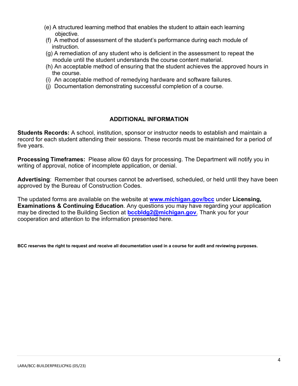 Prelicensure Course Approval Application and Notice - Residential Builders and Residential Maintenance  Alterations Contractors - Michigan, Page 4
