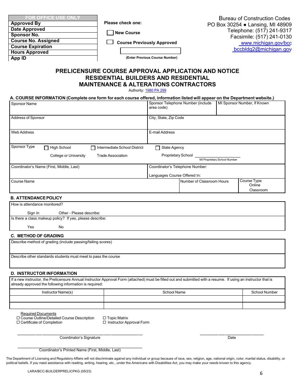 Prelicensure Course Approval Application and Notice - Residential Builders and Residential Maintenance  Alterations Contractors - Michigan, Page 6