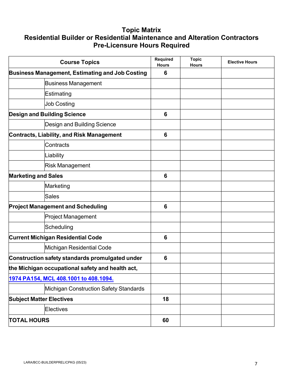 Prelicensure Course Approval Application and Notice - Residential Builders and Residential Maintenance  Alterations Contractors - Michigan, Page 7