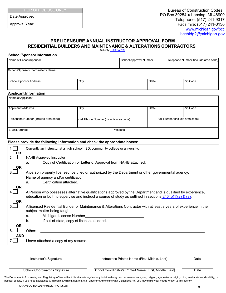 Prelicensure Course Approval Application and Notice - Residential Builders and Residential Maintenance  Alterations Contractors - Michigan, Page 8