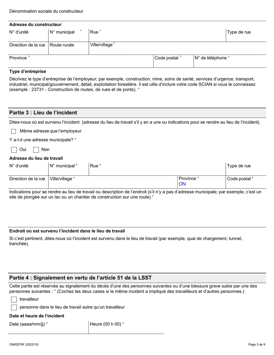 Forme ON00276F Signalement Dun Deces, Dune Blessure, Dune Maladie Ou Dun Incident Sur Le Lieu De Travail (Articles 51, 52 Et 53 De La Lsst) - Ontario, Canada (French), Page 3