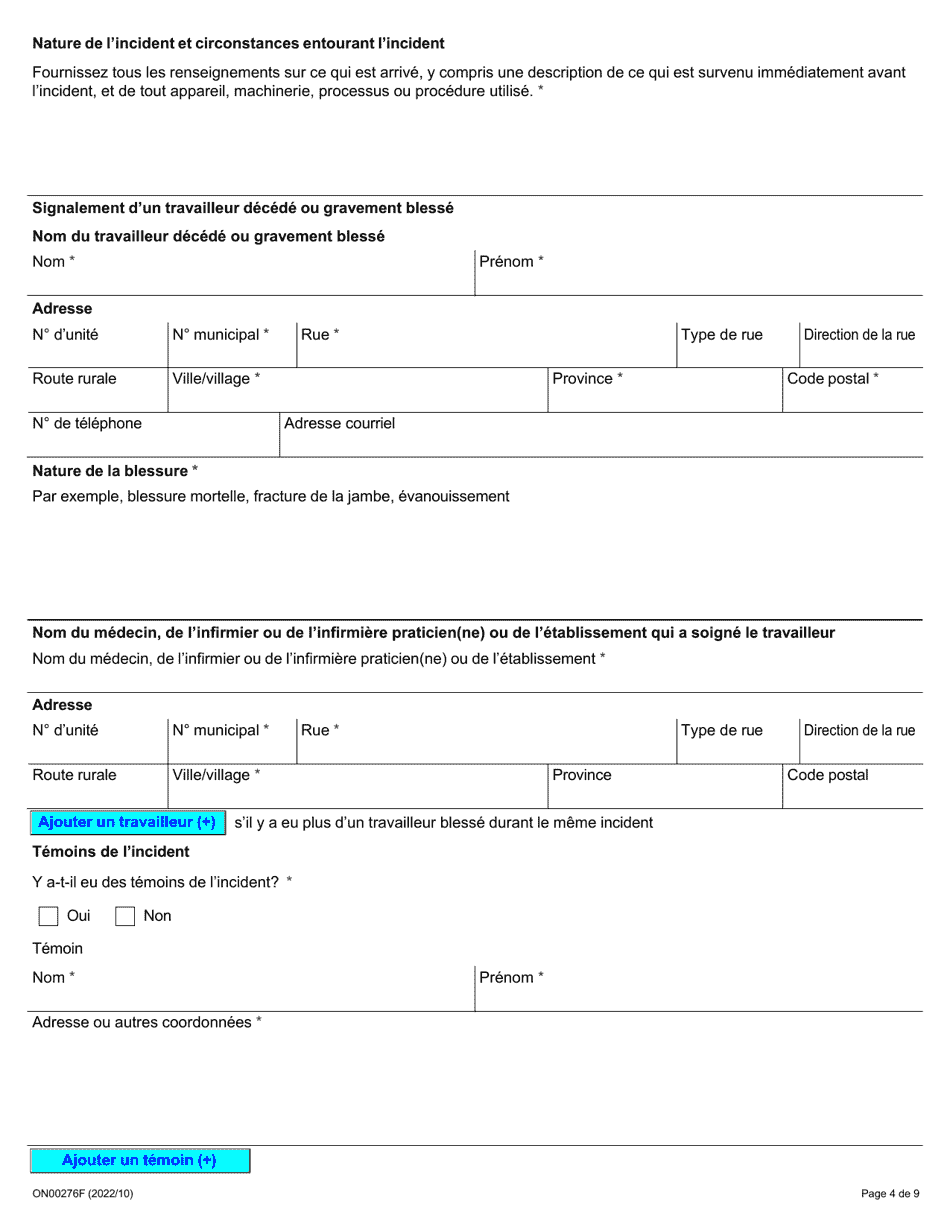Forme ON00276F Signalement Dun Deces, Dune Blessure, Dune Maladie Ou Dun Incident Sur Le Lieu De Travail (Articles 51, 52 Et 53 De La Lsst) - Ontario, Canada (French), Page 4
