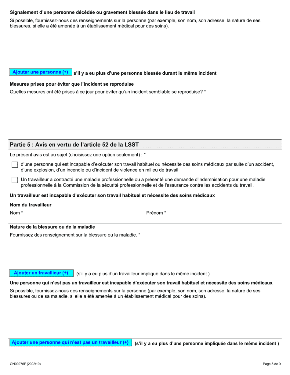 Forme ON00276F Signalement Dun Deces, Dune Blessure, Dune Maladie Ou Dun Incident Sur Le Lieu De Travail (Articles 51, 52 Et 53 De La Lsst) - Ontario, Canada (French), Page 5