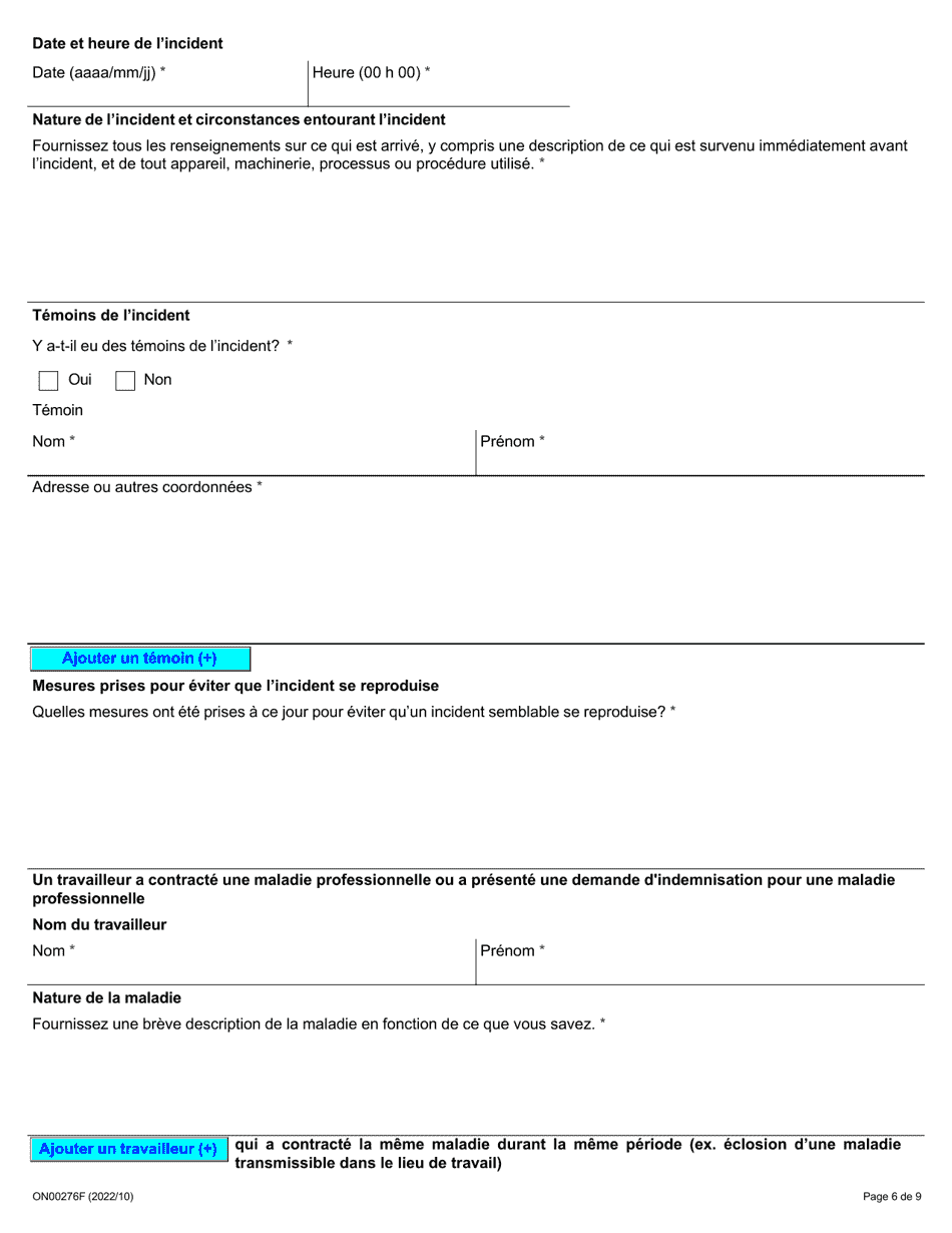 Forme ON00276F Signalement Dun Deces, Dune Blessure, Dune Maladie Ou Dun Incident Sur Le Lieu De Travail (Articles 51, 52 Et 53 De La Lsst) - Ontario, Canada (French), Page 6