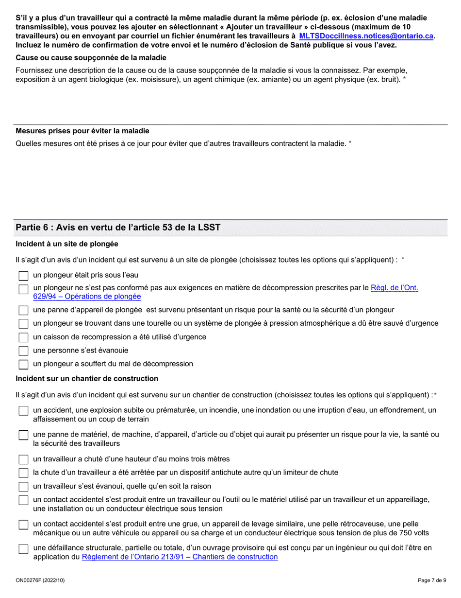 Forme ON00276F Signalement Dun Deces, Dune Blessure, Dune Maladie Ou Dun Incident Sur Le Lieu De Travail (Articles 51, 52 Et 53 De La Lsst) - Ontario, Canada (French), Page 7