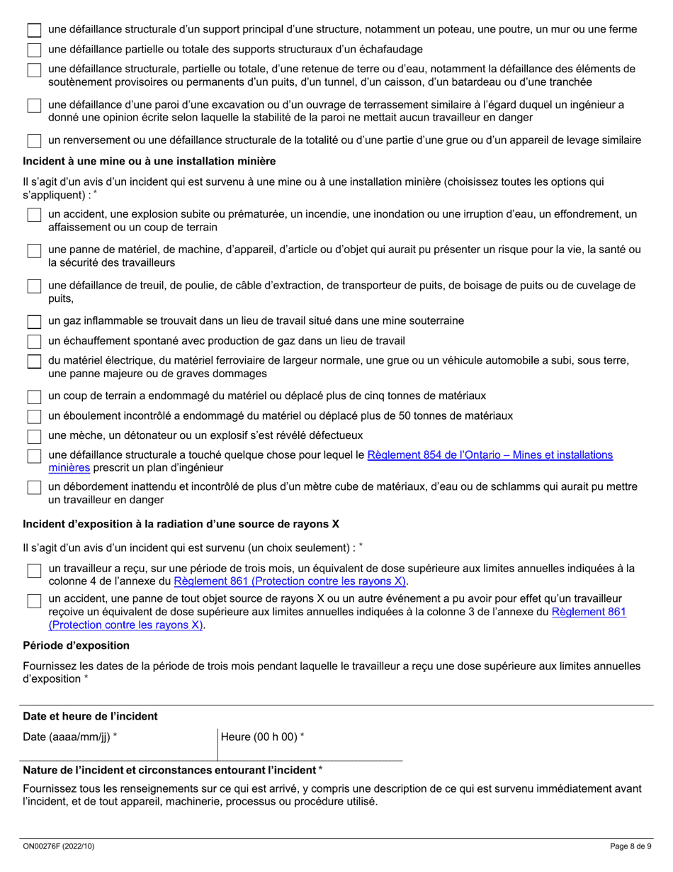 Forme ON00276F Signalement Dun Deces, Dune Blessure, Dune Maladie Ou Dun Incident Sur Le Lieu De Travail (Articles 51, 52 Et 53 De La Lsst) - Ontario, Canada (French), Page 8
