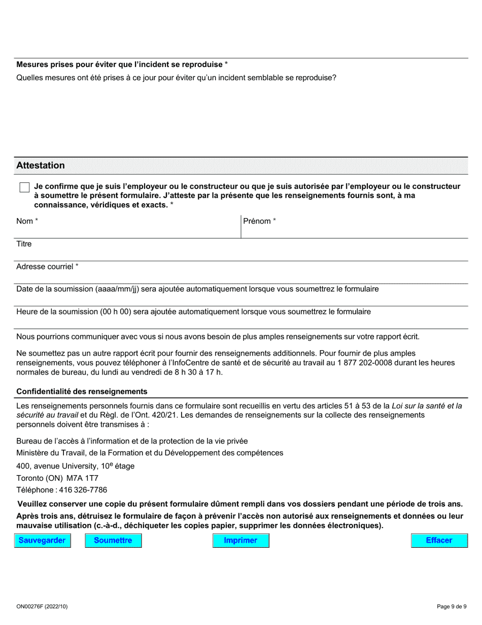 Forme ON00276F Signalement Dun Deces, Dune Blessure, Dune Maladie Ou Dun Incident Sur Le Lieu De Travail (Articles 51, 52 Et 53 De La Lsst) - Ontario, Canada (French), Page 9