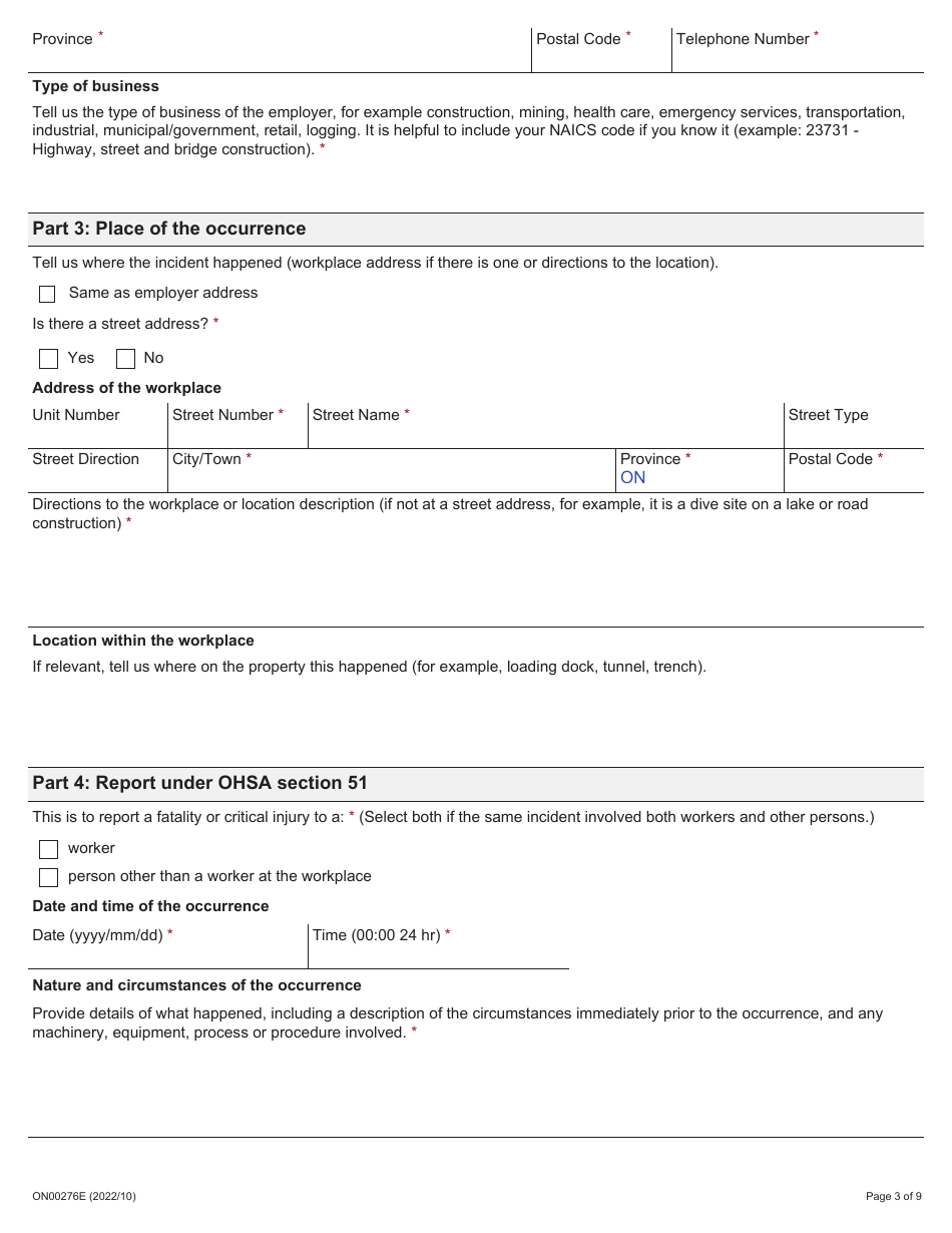Form ON00276E Report of a Workplace Fatality, Injury, Illness or Incident (Ohsa S. 51, 52, 53) - Ontario, Canada, Page 3