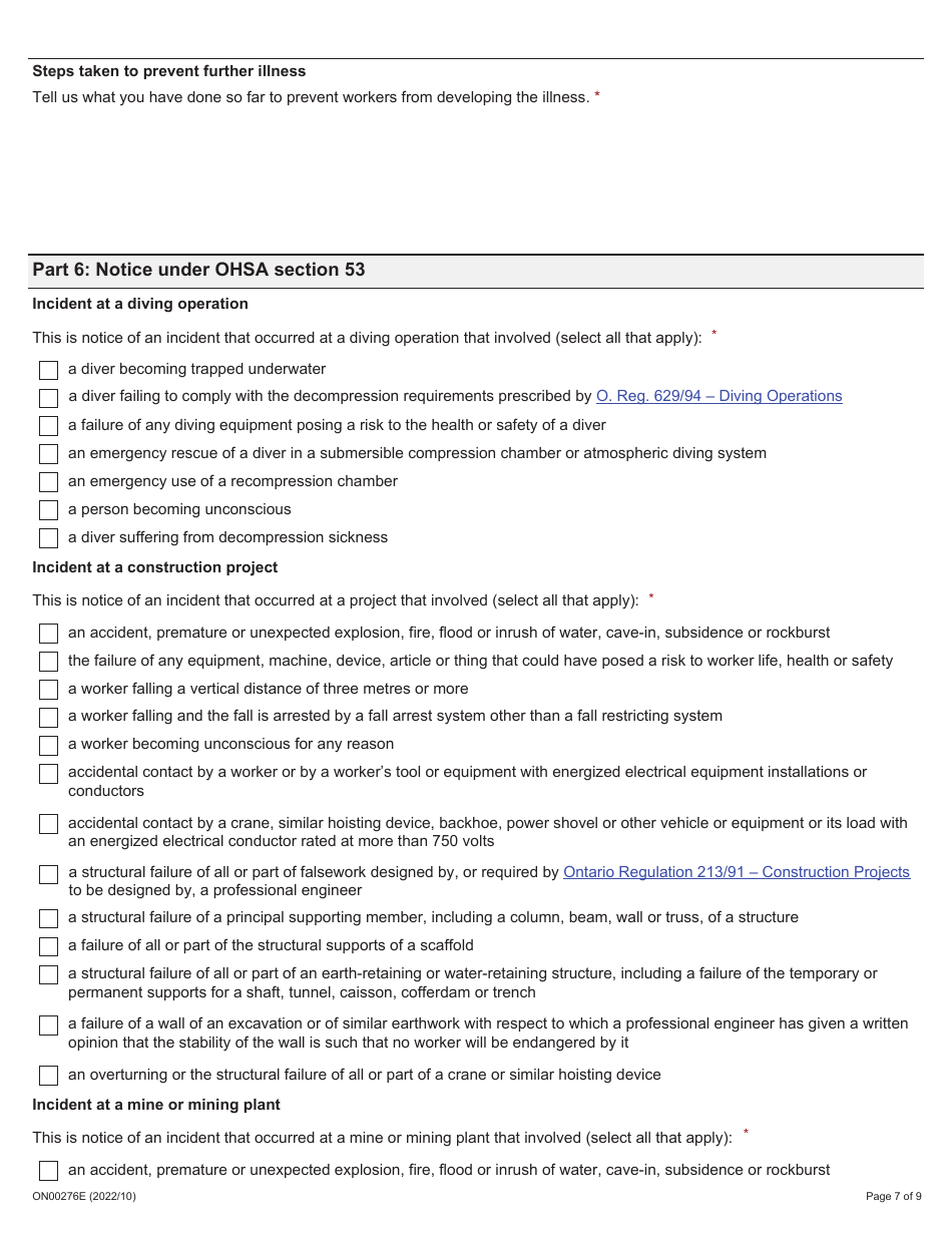 Form ON00276E Report of a Workplace Fatality, Injury, Illness or Incident (Ohsa S. 51, 52, 53) - Ontario, Canada, Page 7