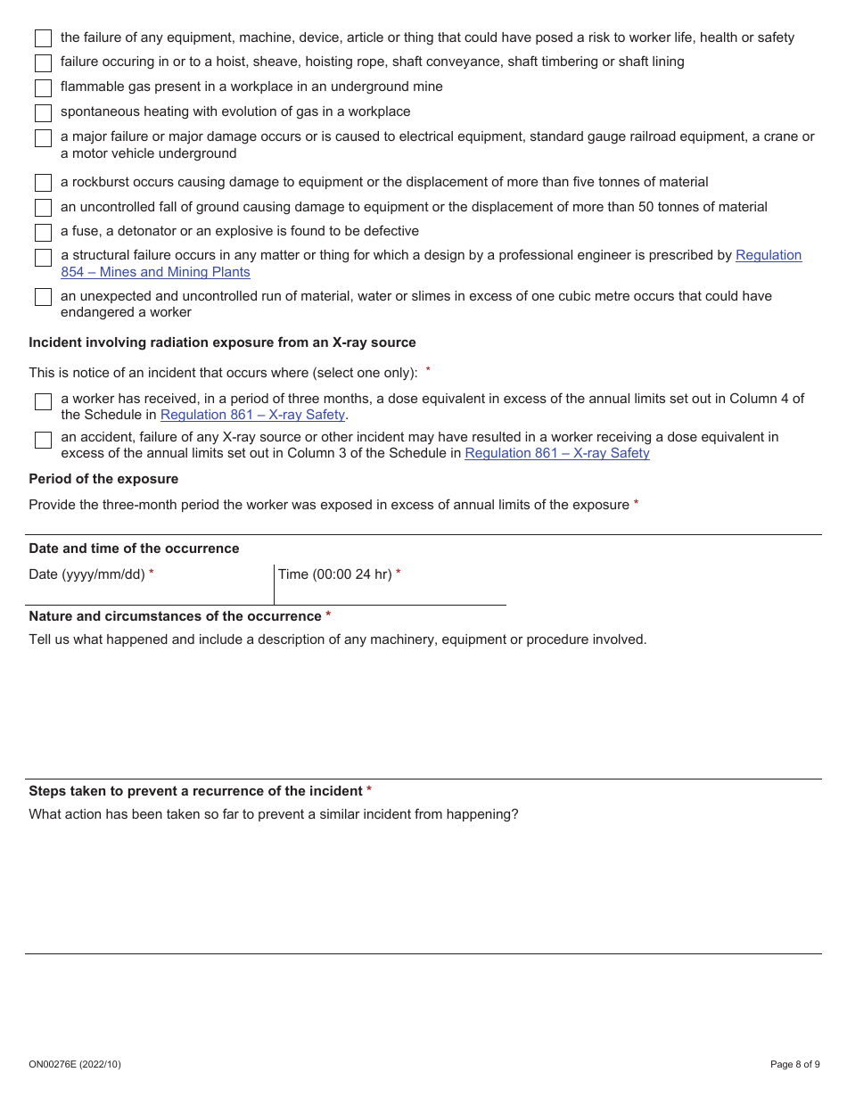 Form ON00276E Report of a Workplace Fatality, Injury, Illness or Incident (Ohsa S. 51, 52, 53) - Ontario, Canada, Page 8