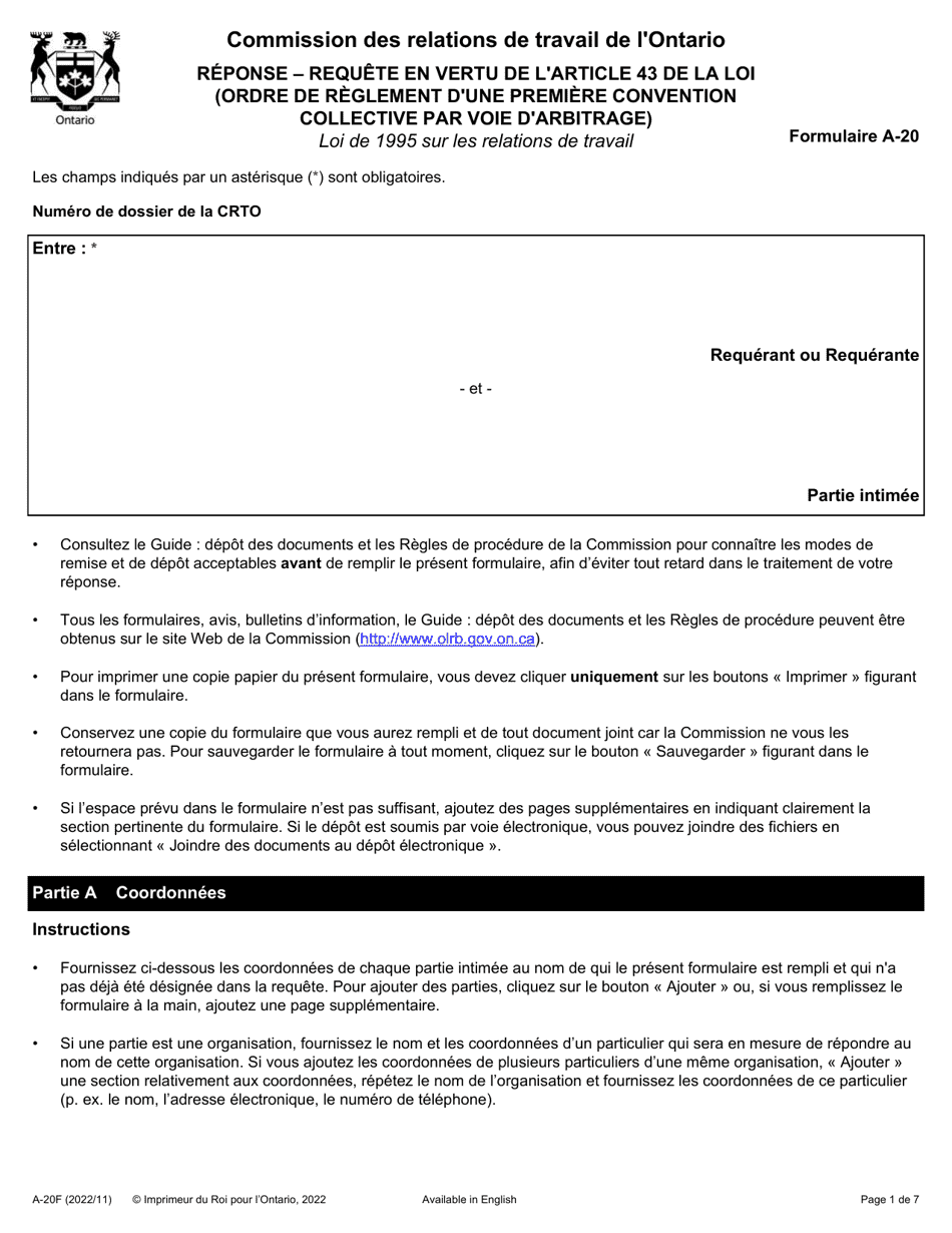 Forme A-20 Reponse - Requete En Vertu De Larticle 43 De La Loi (Ordre De Reglement Dune Premiere Convention Collective Par Voie Darbitrage) - Ontario, Canada (French), Page 1