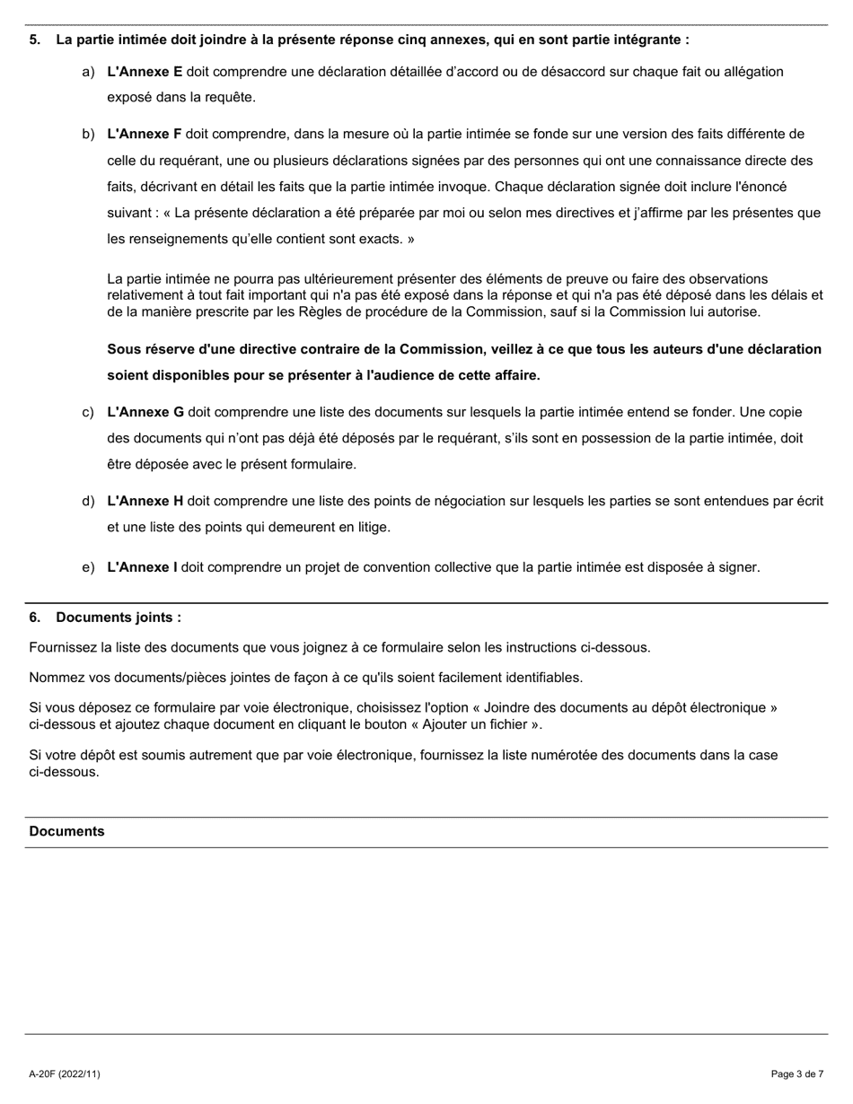 Forme A-20 Reponse - Requete En Vertu De Larticle 43 De La Loi (Ordre De Reglement Dune Premiere Convention Collective Par Voie Darbitrage) - Ontario, Canada (French), Page 3
