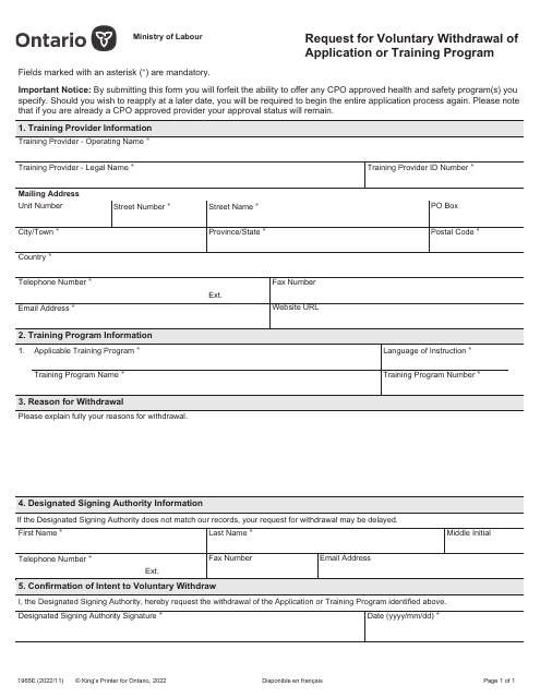 Form 1965E Request for Voluntary Withdrawal of Application or Training Program - Ontario, Canada