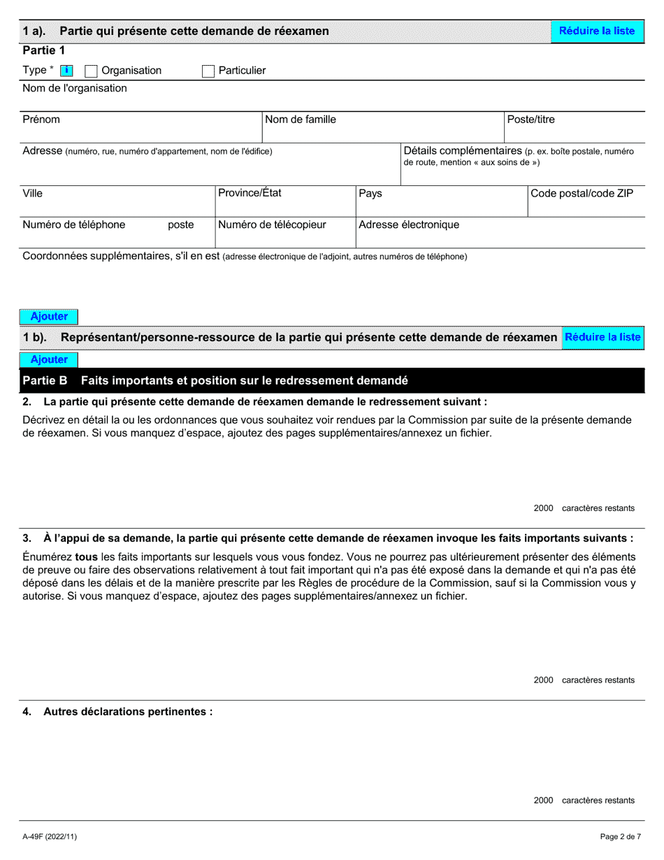 Forme A-49 Demande De Reexamen - Ontario, Canada (French), Page 2