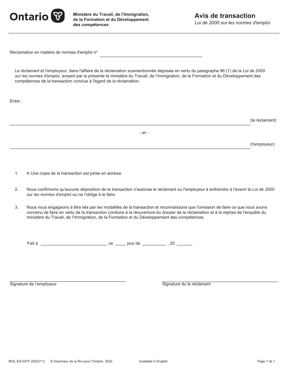 Forme MOL-ES-047F Avis De Transaction En Vertu De Larticle 112 - Ontario, Canada (French), Page 1