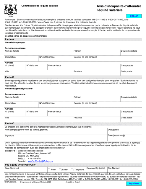 Forme 1910F Avis D'incapacite D'atteindre L'equite Salariale - Ontario, Canada (French)