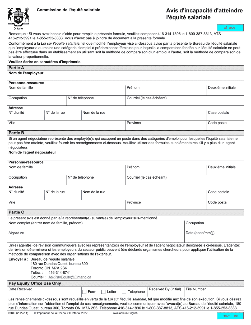 Forme 1910F Avis Dincapacite Datteindre Lequite Salariale - Ontario, Canada (French), Page 1