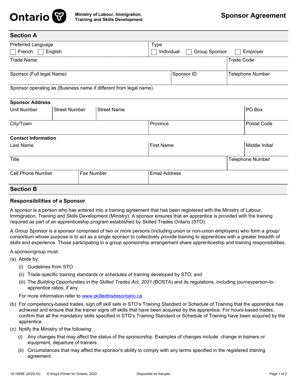 Form 12-1659E Sponsor Agreement - Ontario, Canada, Page 1