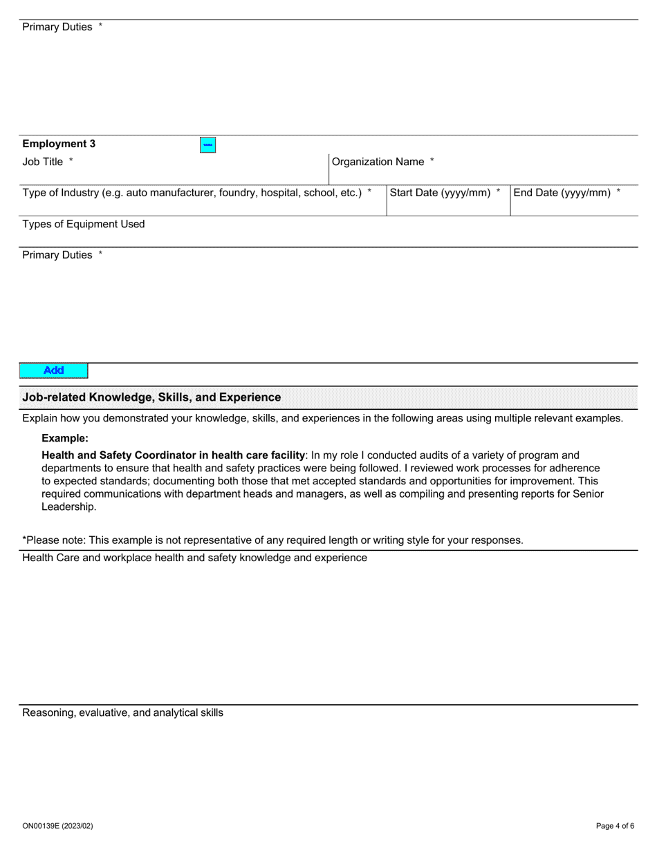 Form ON00139E Application for Employment Occupational Health and Safety Inspector - Health Care - Ontario, Canada, Page 4
