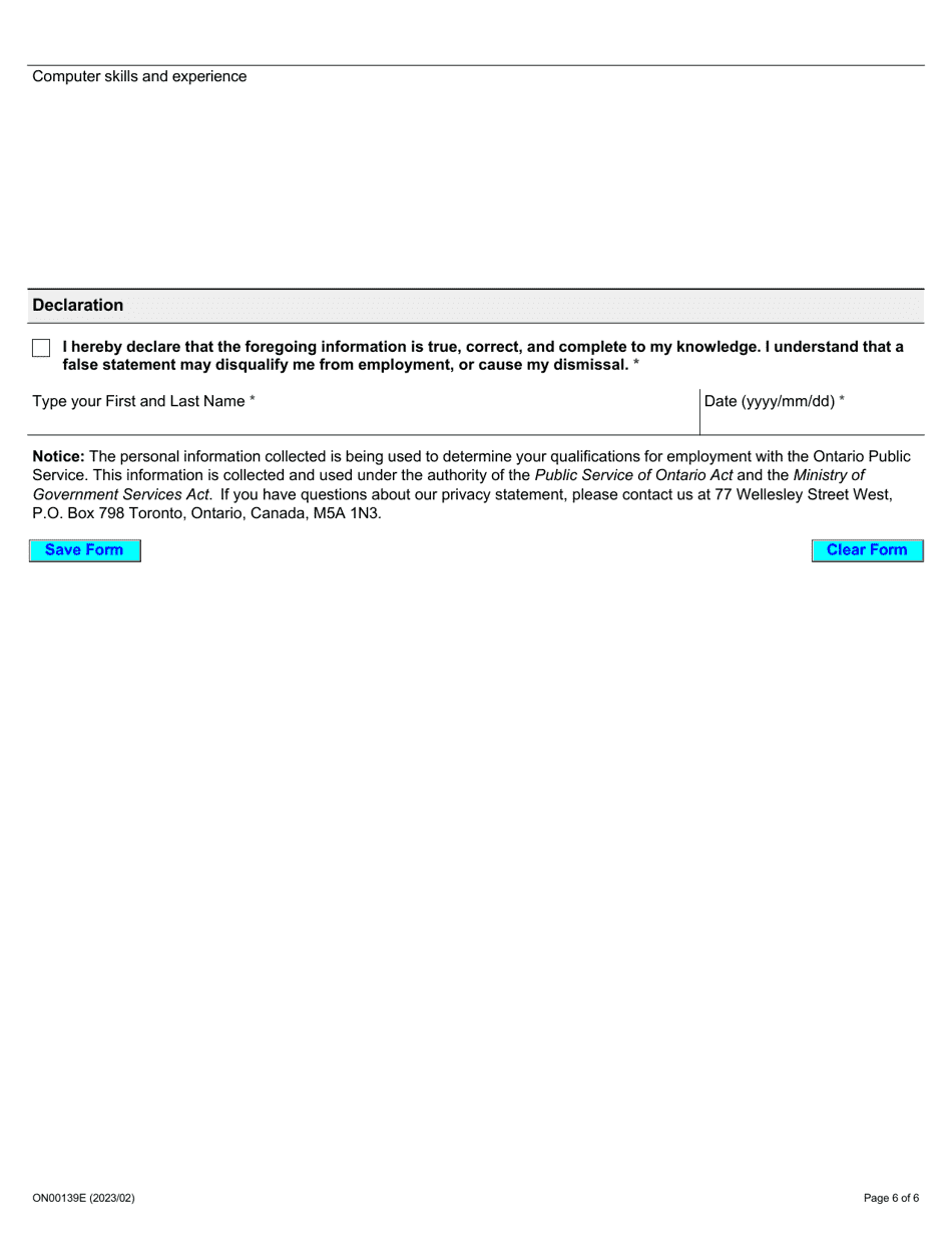 Form ON00139E Application for Employment Occupational Health and Safety Inspector - Health Care - Ontario, Canada, Page 6