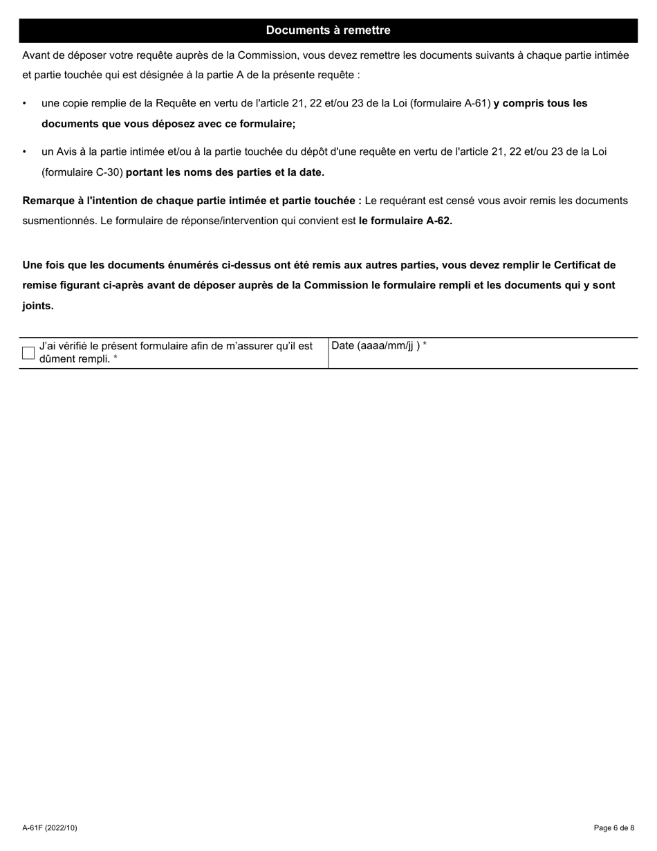 Forme A-61 Requete En Vertu De Larticle 21, 22 Et / Ou 23 De La Loi - Ontario, Canada (French), Page 6
