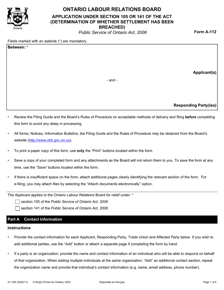 Form A-112 Application Under Section 105 or 141 of the Act (Determination of Whether Settlement Has Been Breached) - Ontario, Canada, Page 1