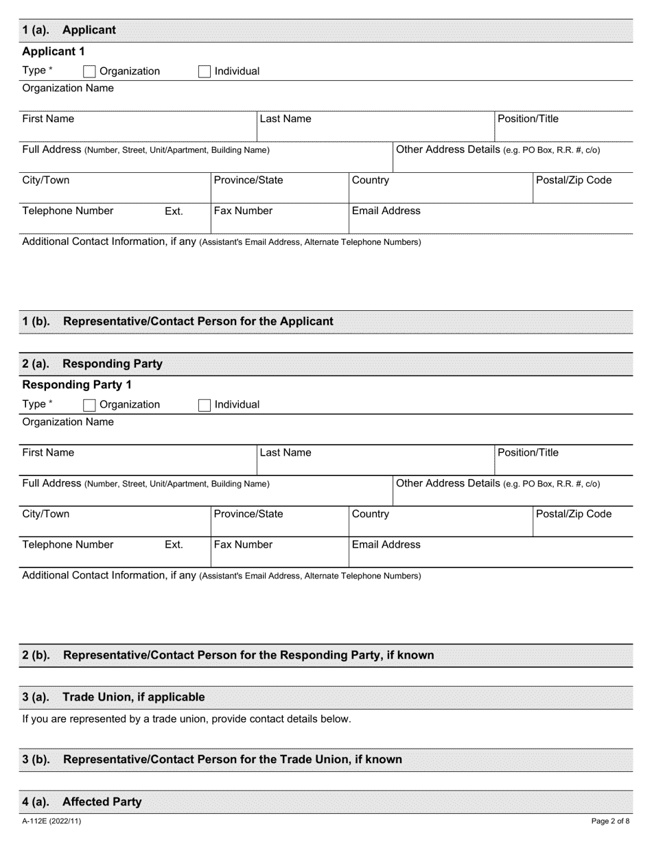 Form A-112 Application Under Section 105 or 141 of the Act (Determination of Whether Settlement Has Been Breached) - Ontario, Canada, Page 2