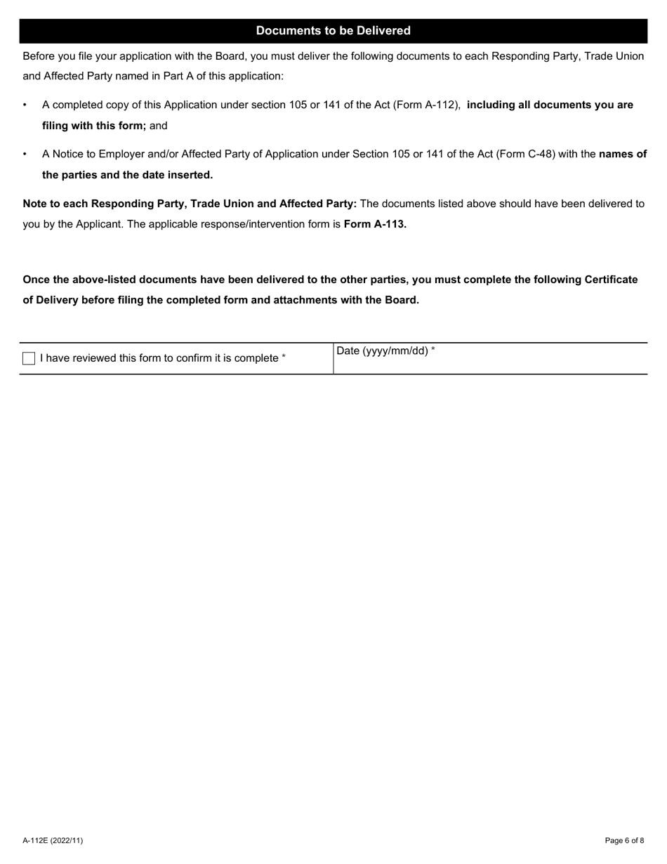Form A-112 Application Under Section 105 or 141 of the Act (Determination of Whether Settlement Has Been Breached) - Ontario, Canada, Page 6