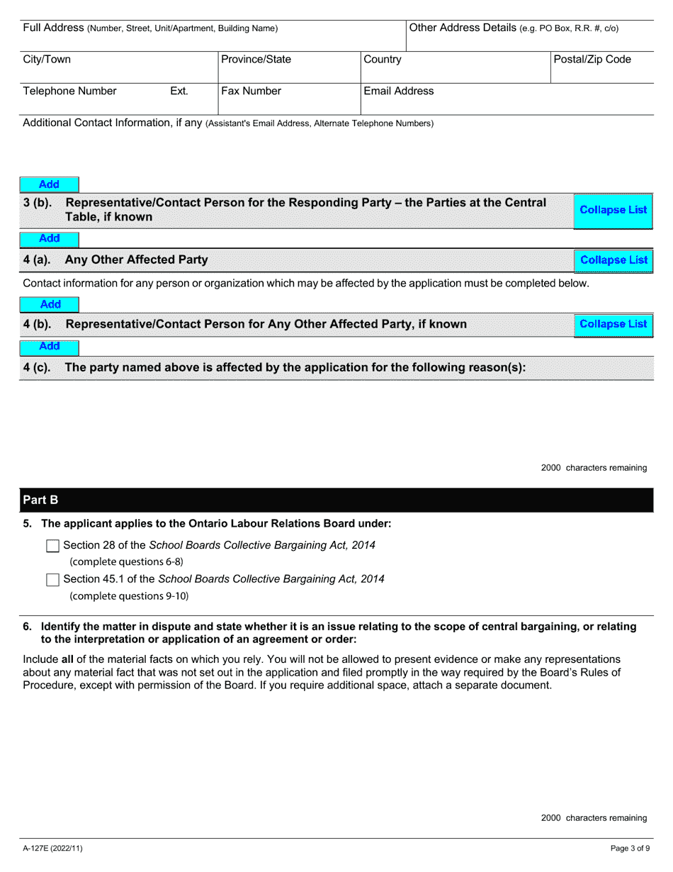 Form A-127 Application Under Section 28 or 45.1 of the Act - Ontario, Canada, Page 3
