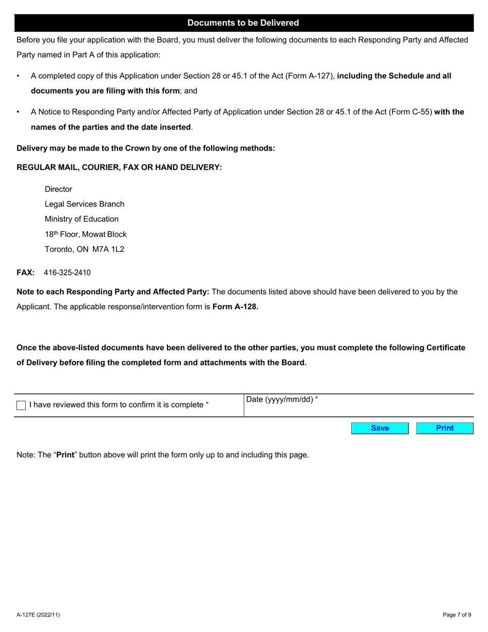 Form A-127 Application Under Section 28 or 45.1 of the Act - Ontario, Canada, Page 7