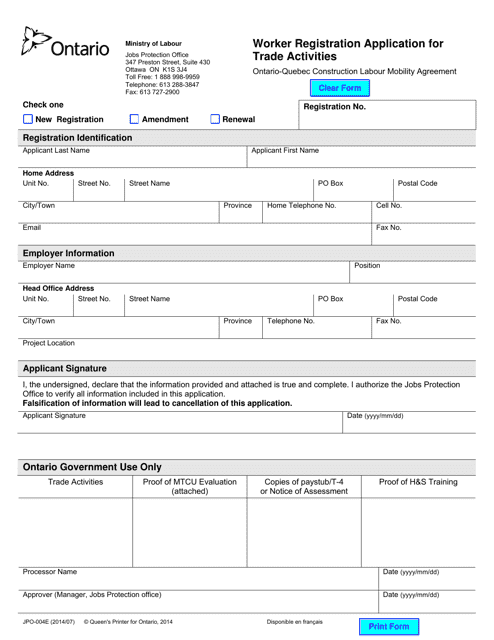 Form JPO-004E Worker Registration Application for Trade Activities - Ontario, Canada