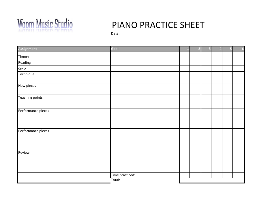 Piano Practice Sheet Template - customizable document for successful music practicing. Designed by Woom Music Studio.