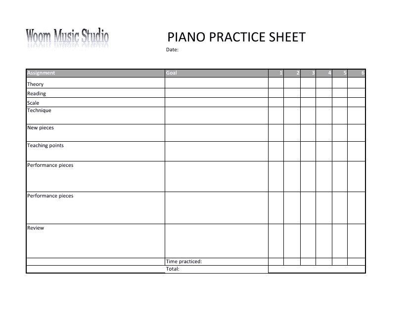 Piano Practice Sheet Template - Woom Music Studio