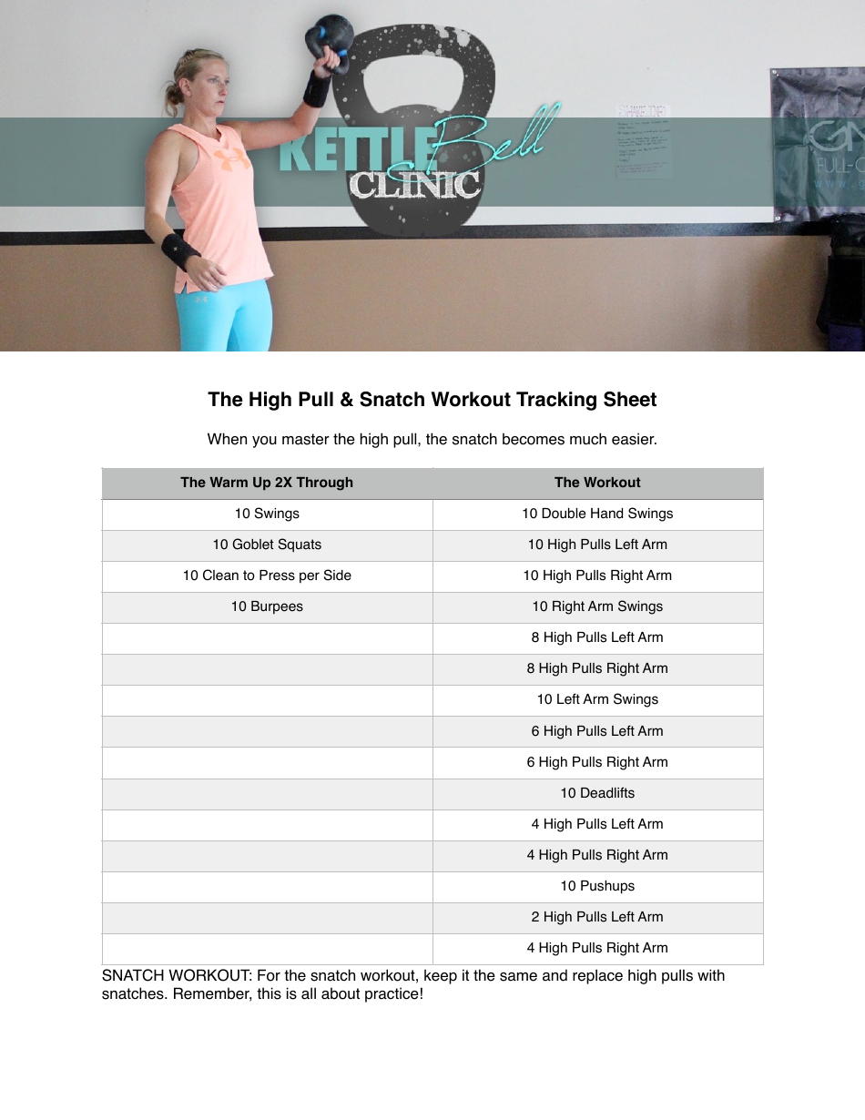The High Pull  Snatch Workout Tracking Sheet Template - Kettlebell Clinic, Page 1