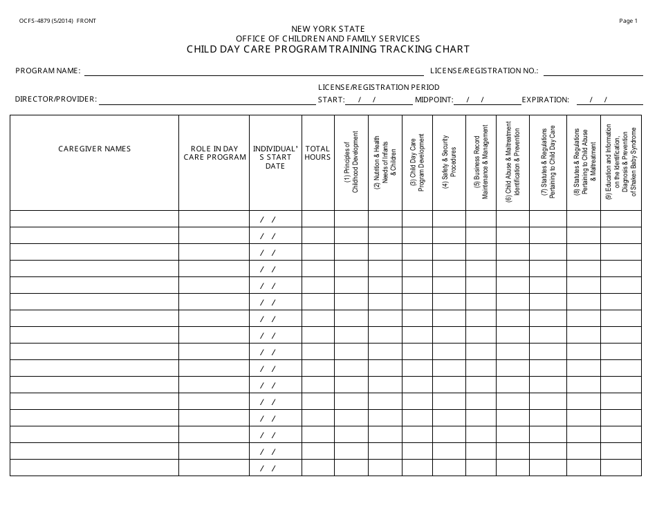 Form OCFS-4879 Child Day Care Program Training Tracking Chart - New York, Page 1