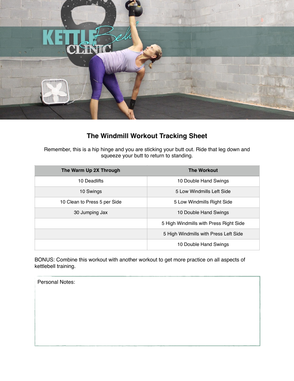 The Windmill Workout Tracking Sheet Template - Kettlebell Clinic, Page 1