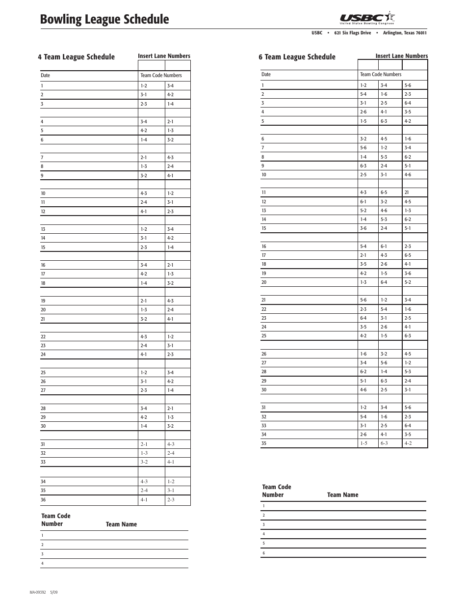 4/6 Team Bowling League Schedule Template - Preview