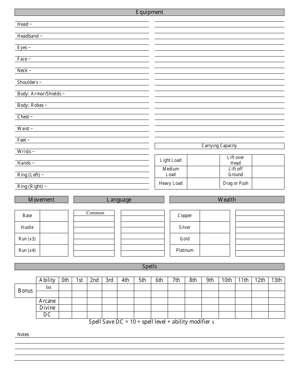 Pathfinder Custom Character Sheet, Page 3