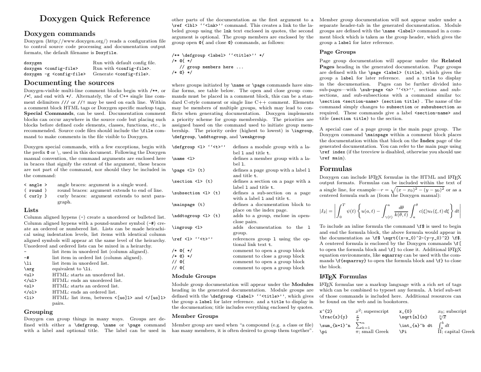 Quick Reference Sheet for Doxygen C++ Documentation