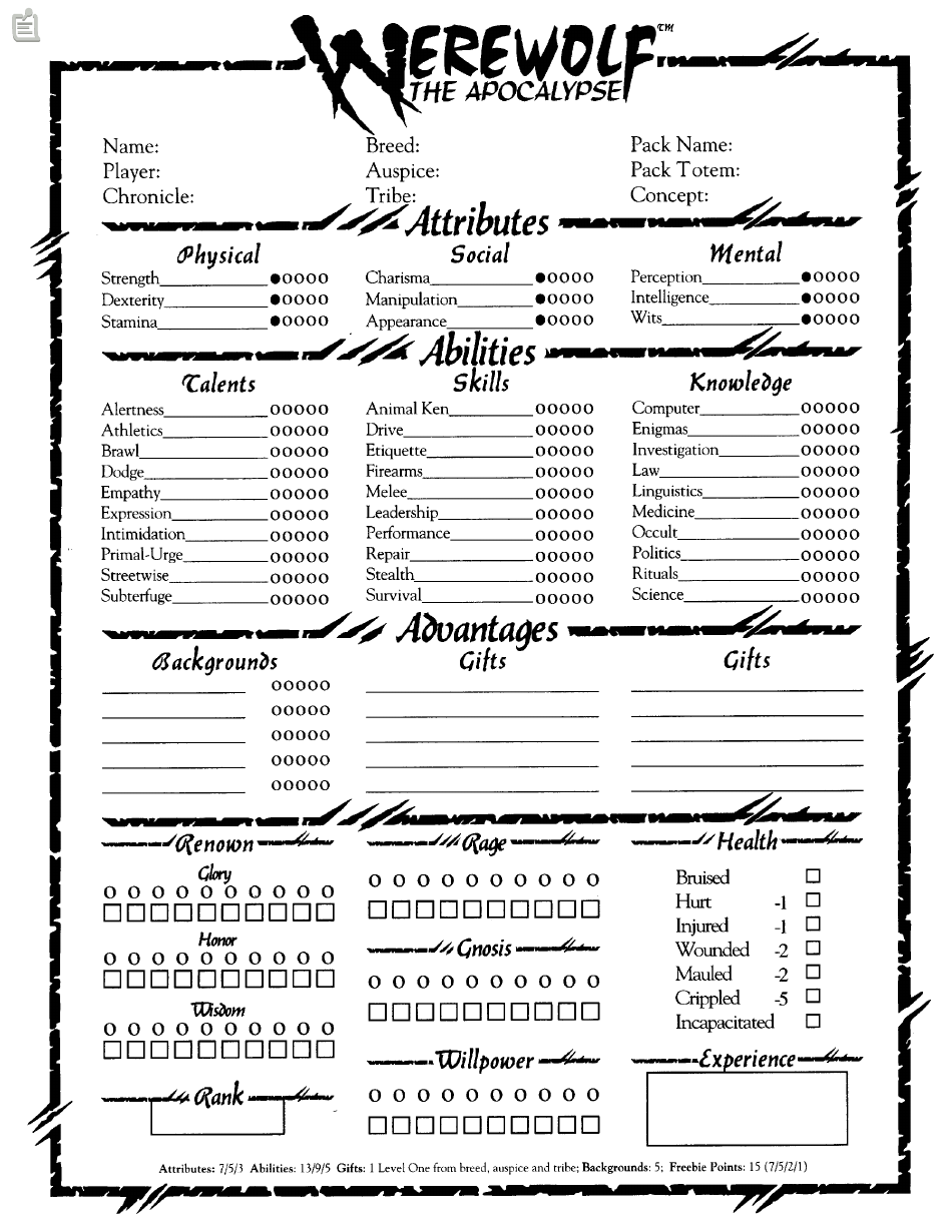 Werewolf the Apocalypse Character Sheet - Points Download Printable PDF ...