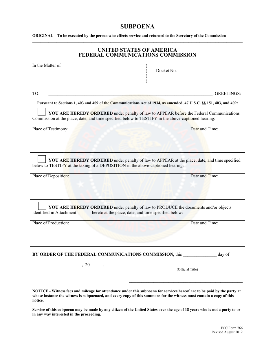 FCC Form 766 Subpoena, Page 1