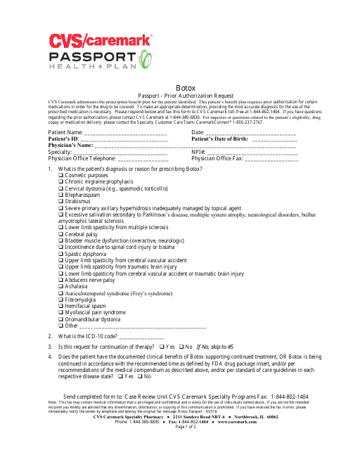 Botox Passport - Prior Authorization Request Form - Cvs Caremark