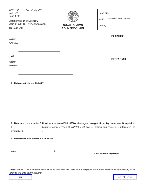 Form AOC-185  Printable Pdf
