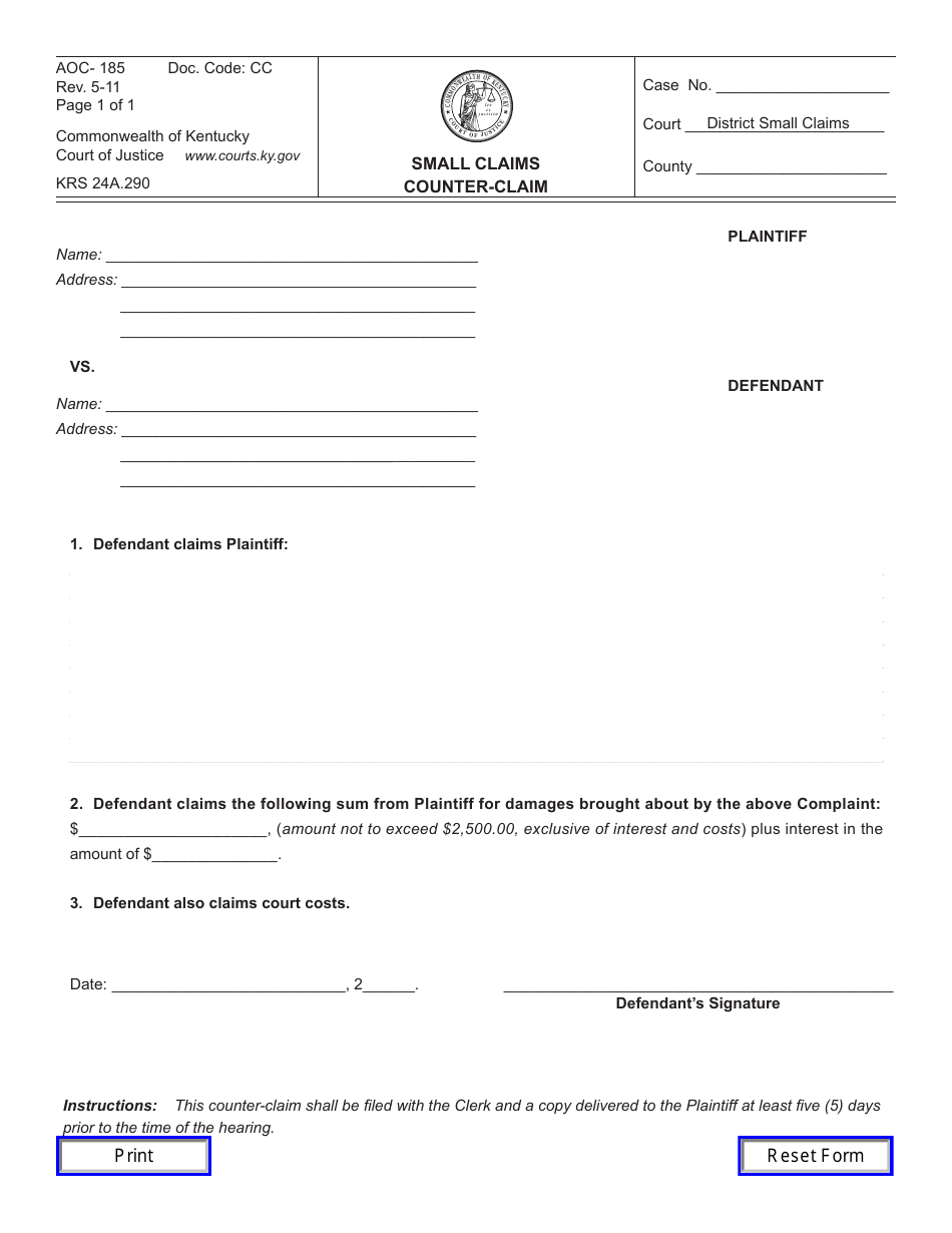 Form AOC-185 Small Claims Counter-Claim - Kentucky, Page 1