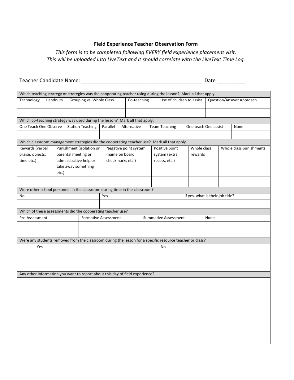 Field Experience Teacher Observation Form - Livetext, Page 1