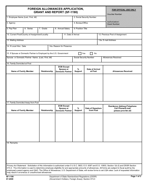 Form SF-1190 Foreign Allowances Application, Grant and Report