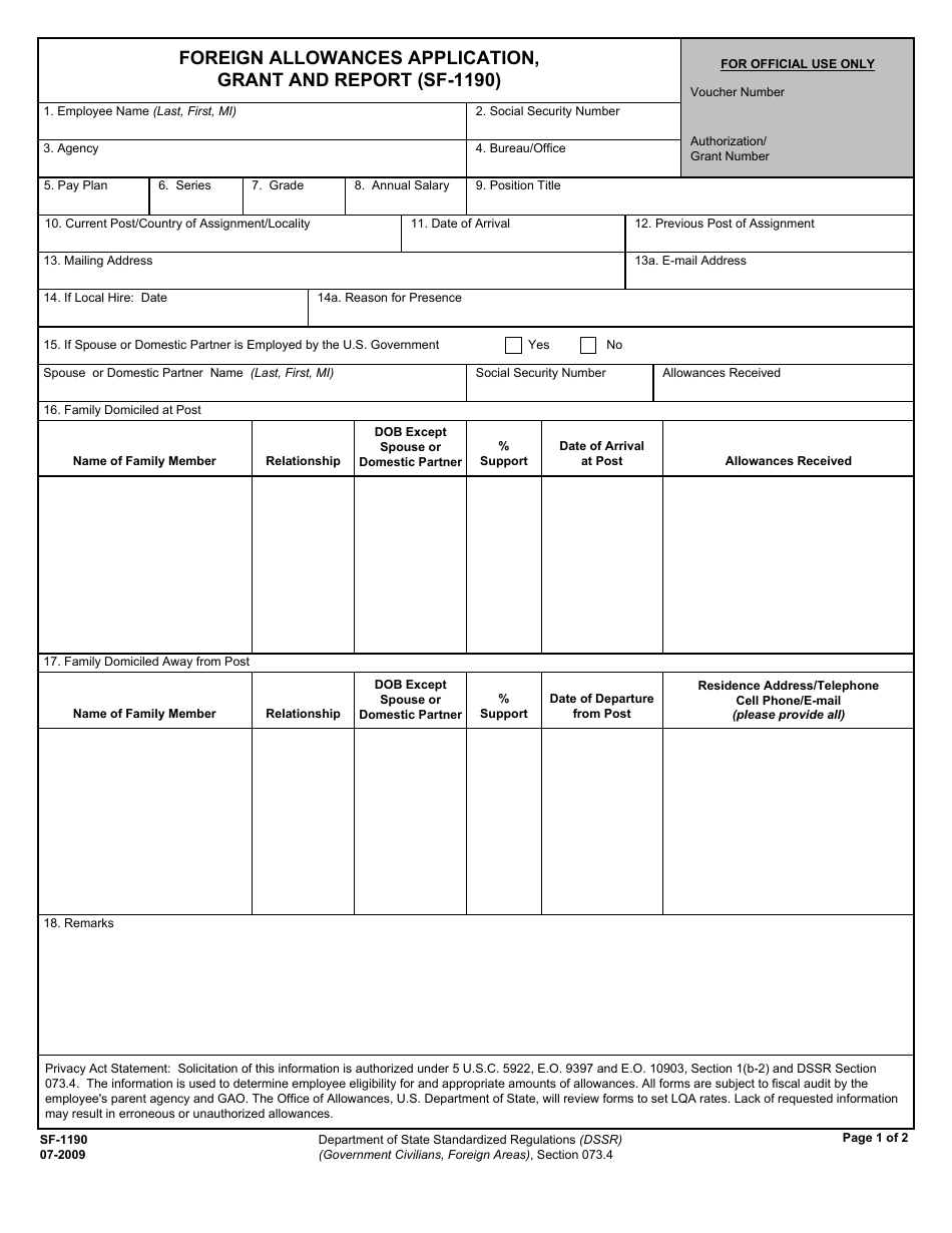 Form SF-1190 Foreign Allowances Application, Grant and Report, Page 1