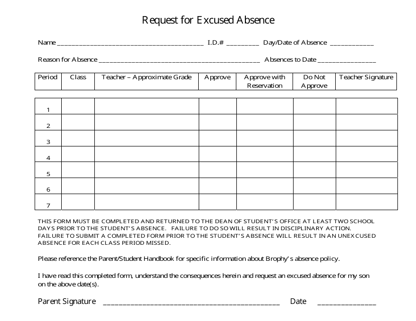 Request Form for Excused Absence Download Pdf