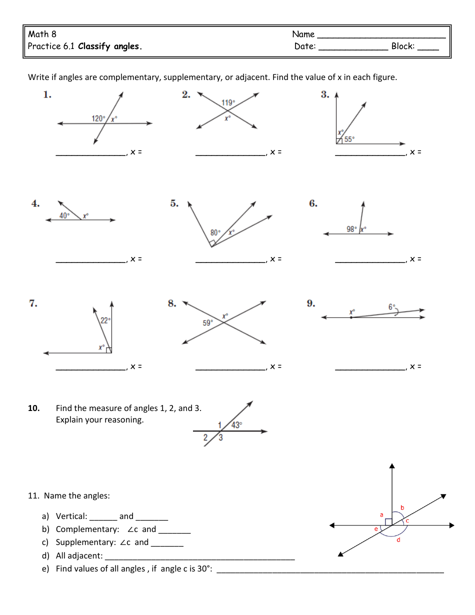 Math 11 - Classify Angles Worksheet Download Printable PDF Pertaining To Pairs Of Angles Worksheet Answers